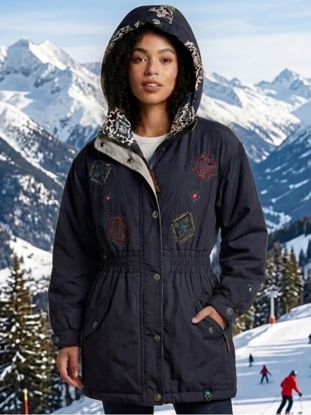 Vintage Obermeyer Ski Jacket Women’s 14 Midnight Blue Embroidered Hooded 90s